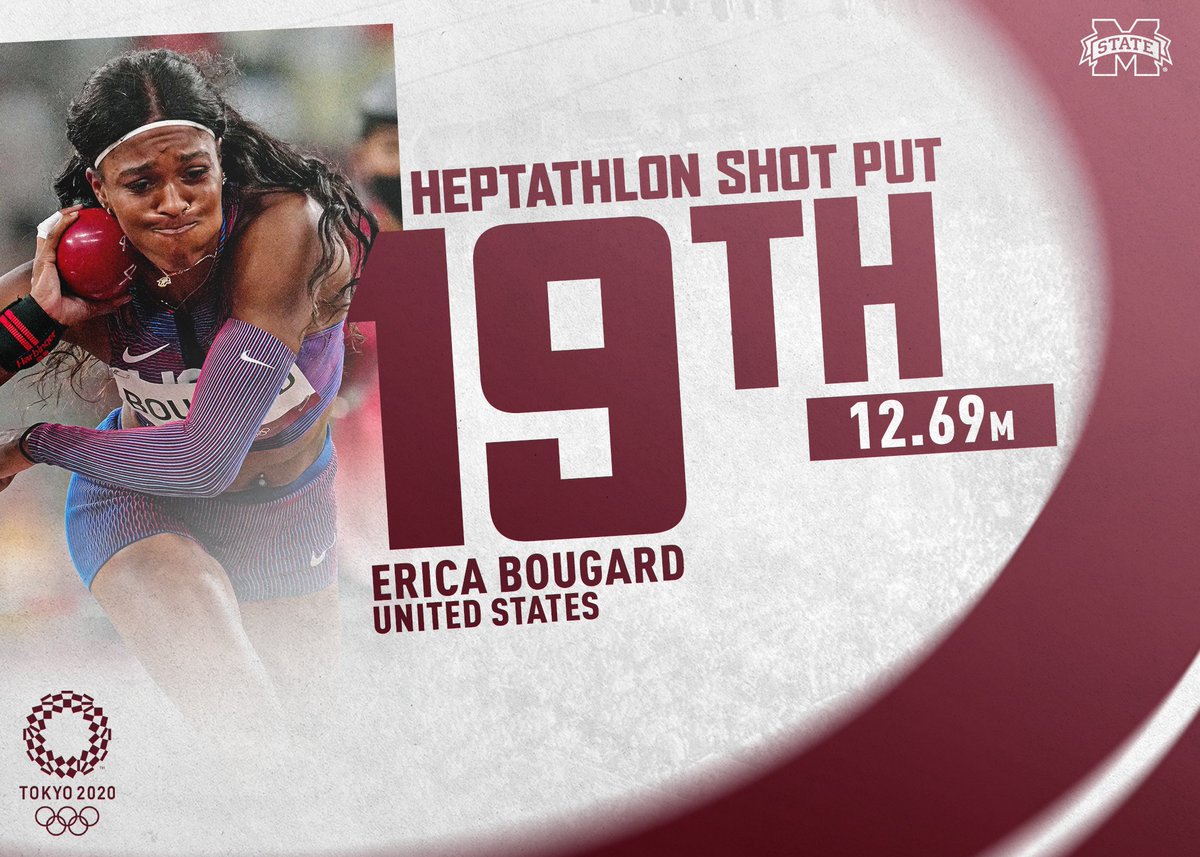 HailStateTF's tweet photo. With a season-best 12.69m (41-7.75, 707 pts), @_Bougardd moves to seventh overall in the heptathlon at 2,864 pts.

#HailState🐶 | #StateToTokyo https://t.co/xq1tZV2yFW
