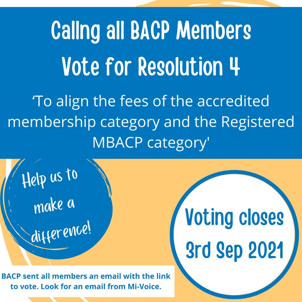 UK_Counsellors's tweet photo. Dear @BACP members, voting in this years motions and resolutions process opened yesterday. Please can you consider supporting these 4 resolutions submitted by CTUK admin and members? We feel, if successful, they will make a huge difference for members. 1/  @Therapists_C https://t.co/jM51dcG7qj