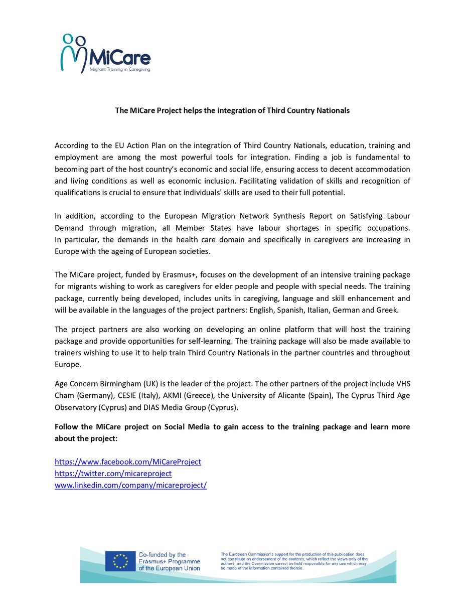 MiCare - Migrant Training in Caregiving tweet media