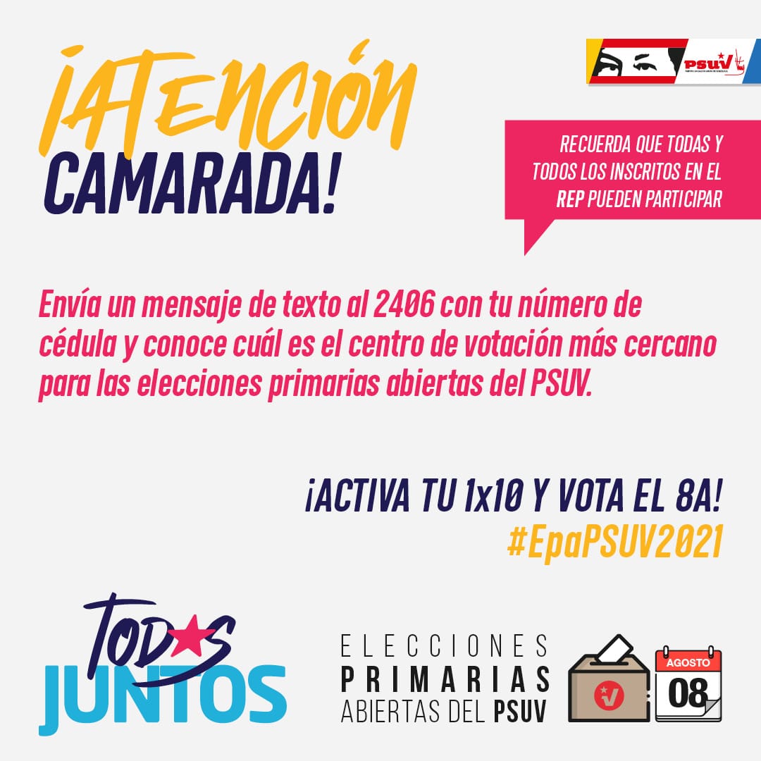 #TricolorBolivariano Si no sabes dónde te corresponde votar, envía un mensaje de texto al 2406