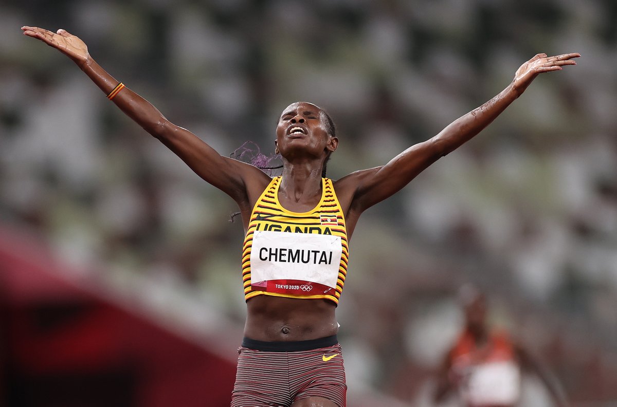 Gold for #TeamUganda! Thank you Peruth Chemutai for leading the way and flying Uganda's flag so high. 🇺🇬 💯 #TuliwamuNamwe #Olympics #Tokyo2020