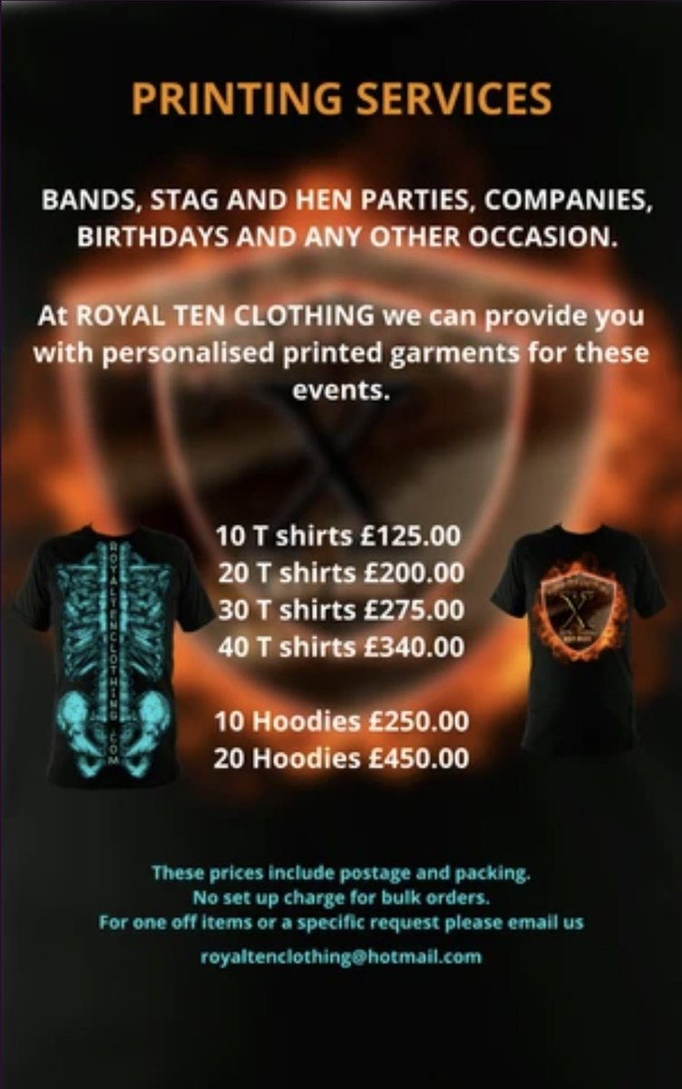 ROYALTENCLOTHI1's tweet image. Need merch printed at a great cost? DTG printing. No set up charge and we can even sell your shirts for you at no cost AND you will get paid too! #tshirtprinting #bandmerch #lowcostprinting #royaltenclothing