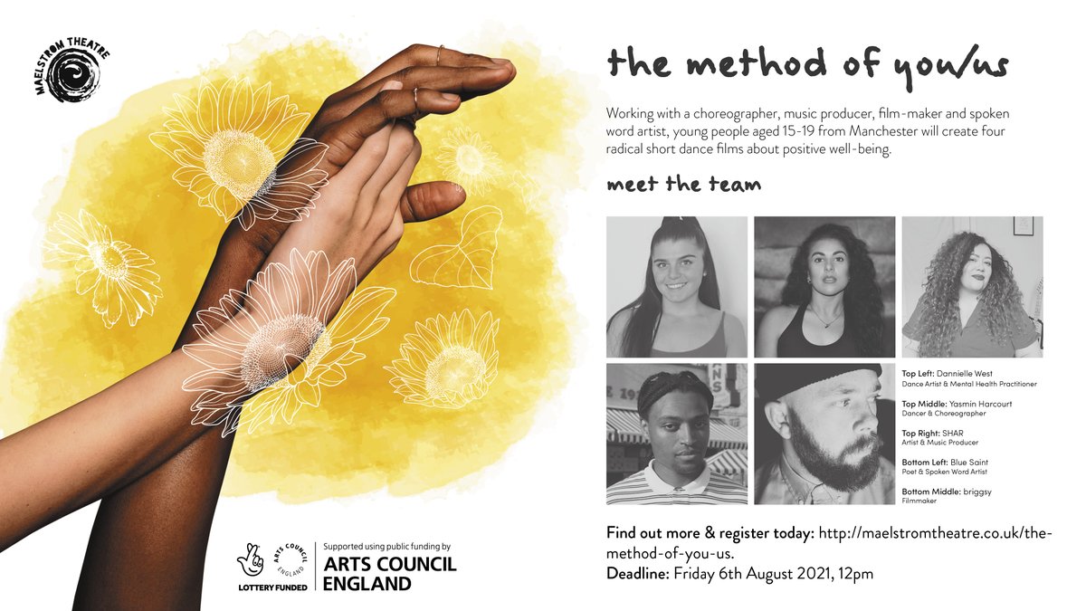 There are a few more days (Fri 6th) to apply for our #YoungPeople's dance and mental health project.

15-19yrs | Manchester based 

Meet the team: <a href="/Blue_Saint/">Blue Saint</a> @OfficialSHAR_  @briggsyproduces Dannielle &amp; Yasmin @Shockout_Arts 

Register: bit.ly/3ftOSZZ

#WellBeing #Arts