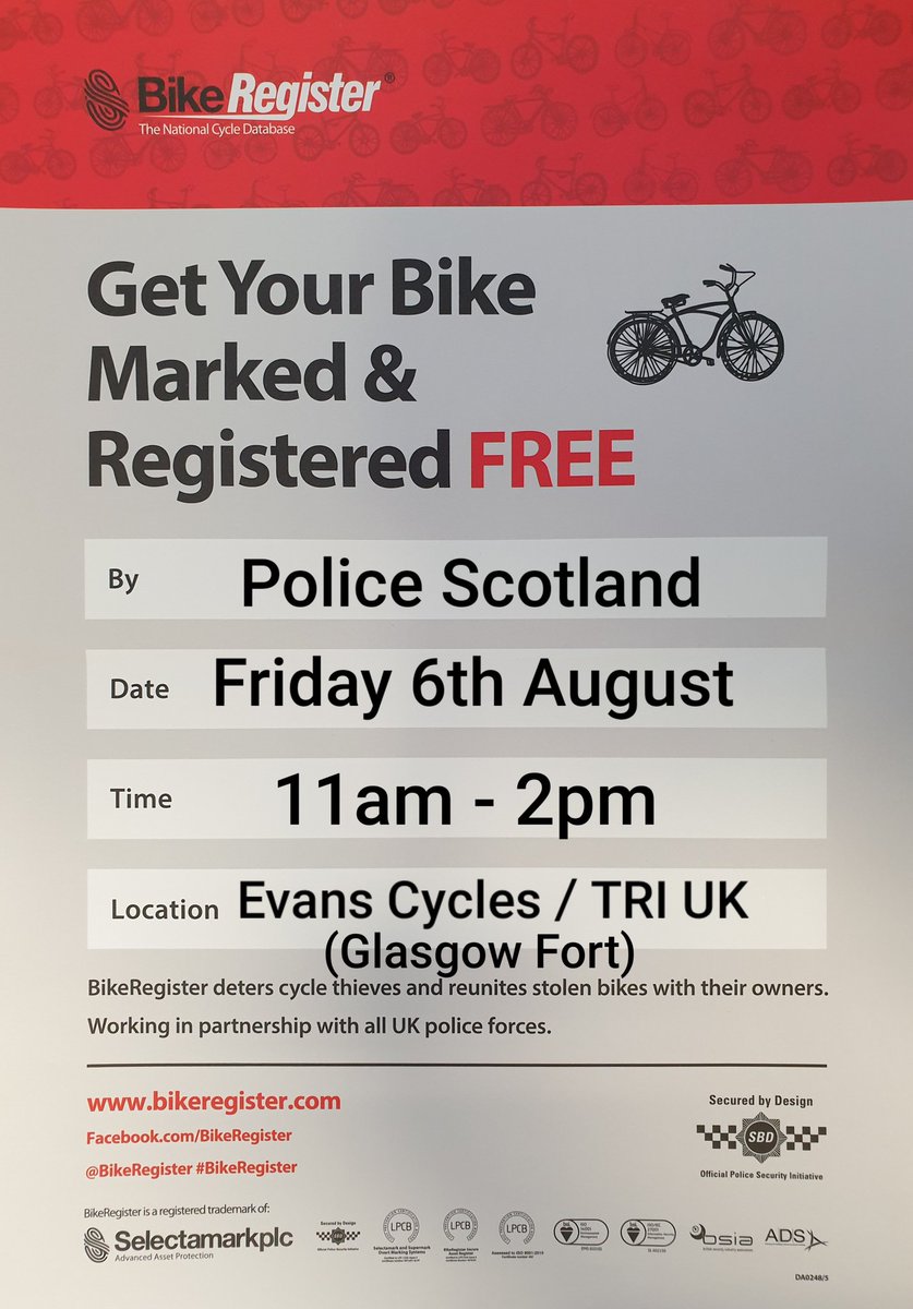 🚲 BIKE MARKING EVENT 🚲

<a href="/GlasgowEPolice/">Glasgow East Police</a> Community Officers will be bike marking at Evan's Cycles, Glasgow Fort this Friday (6th August) 11am-2pm.

Come along and get your bike registered and marked for free!!

<a href="/bikeregister/">BikeRegister</a> <a href="/glasgowfort/">Glasgow Fort</a> 
#OpOptimize #PedalProtect