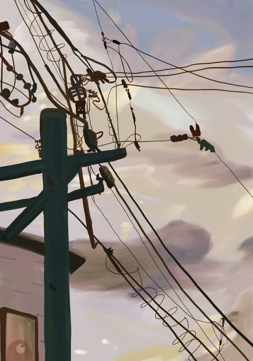 電線と夕焼け 栗熊ひろよのイラスト