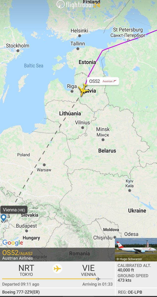 kenyanaviator's tweet photo. Flight #OS52 from Tokyo has now entered EU airspace via Estonia and has changed track towards Vienna, avoiding by a distance Belarusian airspace. On board this flight is Belarusian sprinter Krystsina Tsimanouskaya. Hopefully no diversions on entering Lithuania will take place https://t.co/CpOd0BV05b