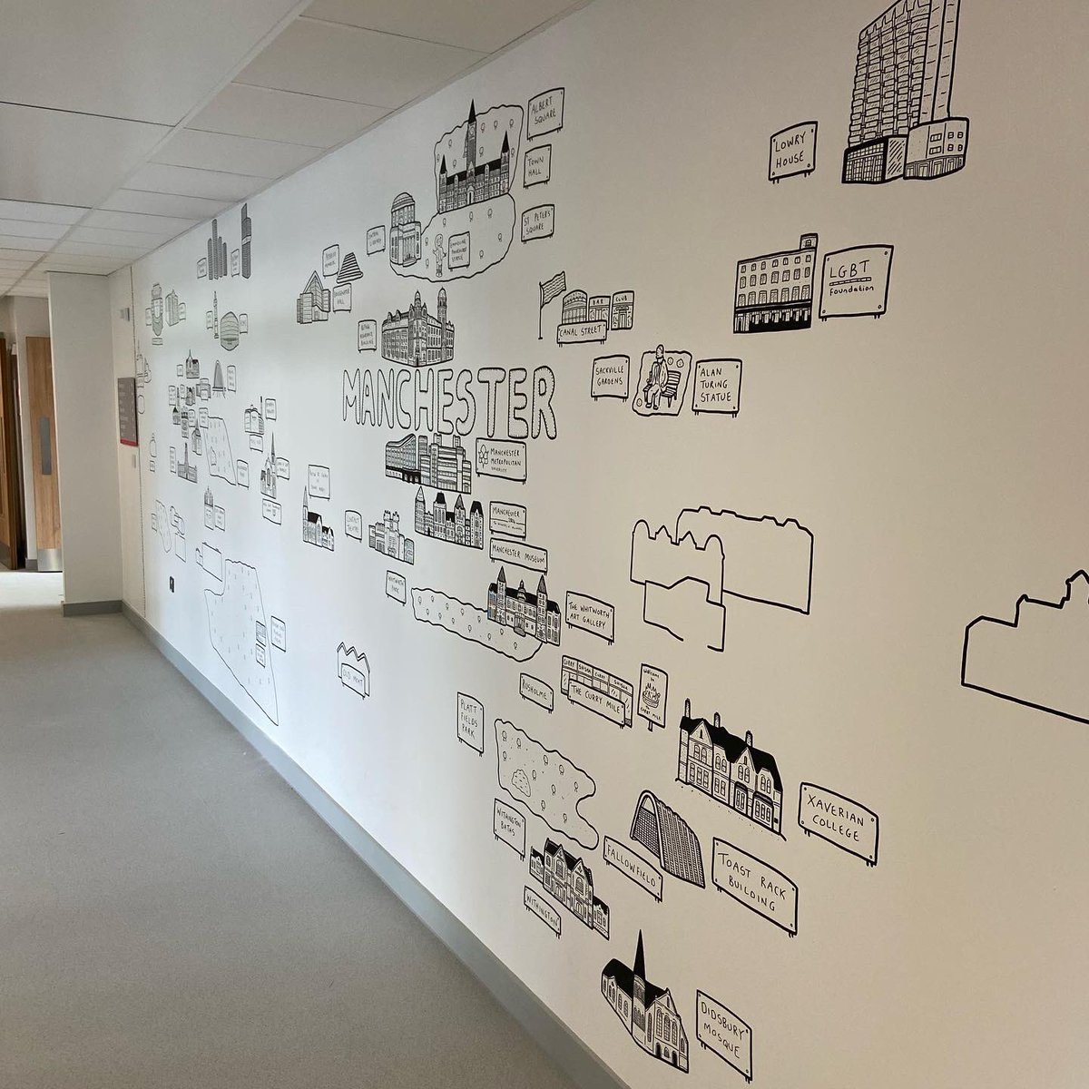 A few work in progress shots from the large scale #Manchester mural that I’m currently working on over in Chorlton at @chssouthmcr. 
This one is covering most of the city centre and south Manchester so is taking me quite a while to do!