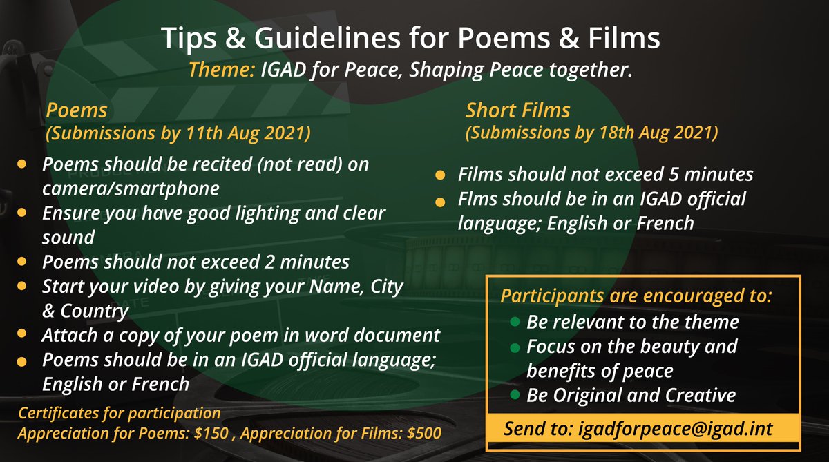 IGADsecretariat's tweet photo. #IGADForPeace
Deadline for submissions of Peace Poems extended to August 11
Deadline for submissions of Peace Films extended to August 18
#IGADPeacePoems
#IGADPeaceFilms https://t.co/vMzehyHQKY