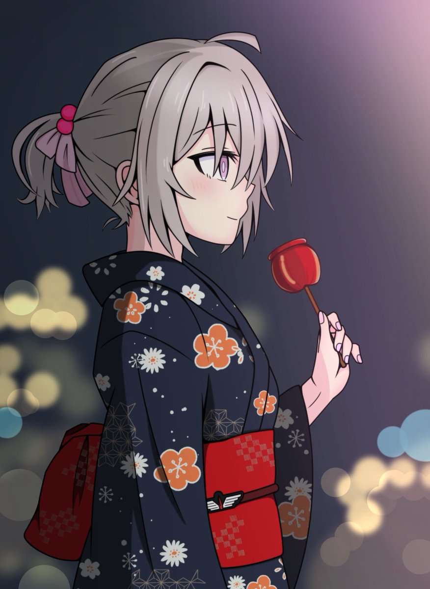 m200 (girls' frontline) 1girl food japanese clothes solo kimono grey hair floral print  illustration images