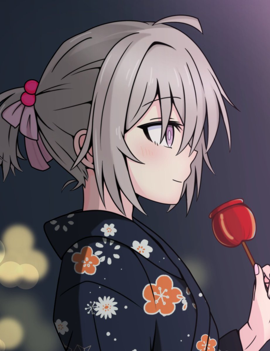 m200 (girls' frontline) 1girl food japanese clothes solo kimono grey hair floral print  illustration images