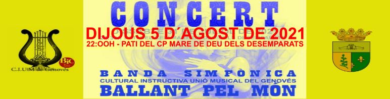 Genovense's tweet photo. ⚠️ La CIUM informa: Canvi de dia i hora per al concert setmana cultural. Demà dijous 5 d'agost a les 22:00h al pati del CEIP. 
Les persones que hagen reservat les seues entrades no han de fer res, si algú encara vol vindre el formulari s'obrirà a la vesprada. https://t.co/EvCxblMjEW