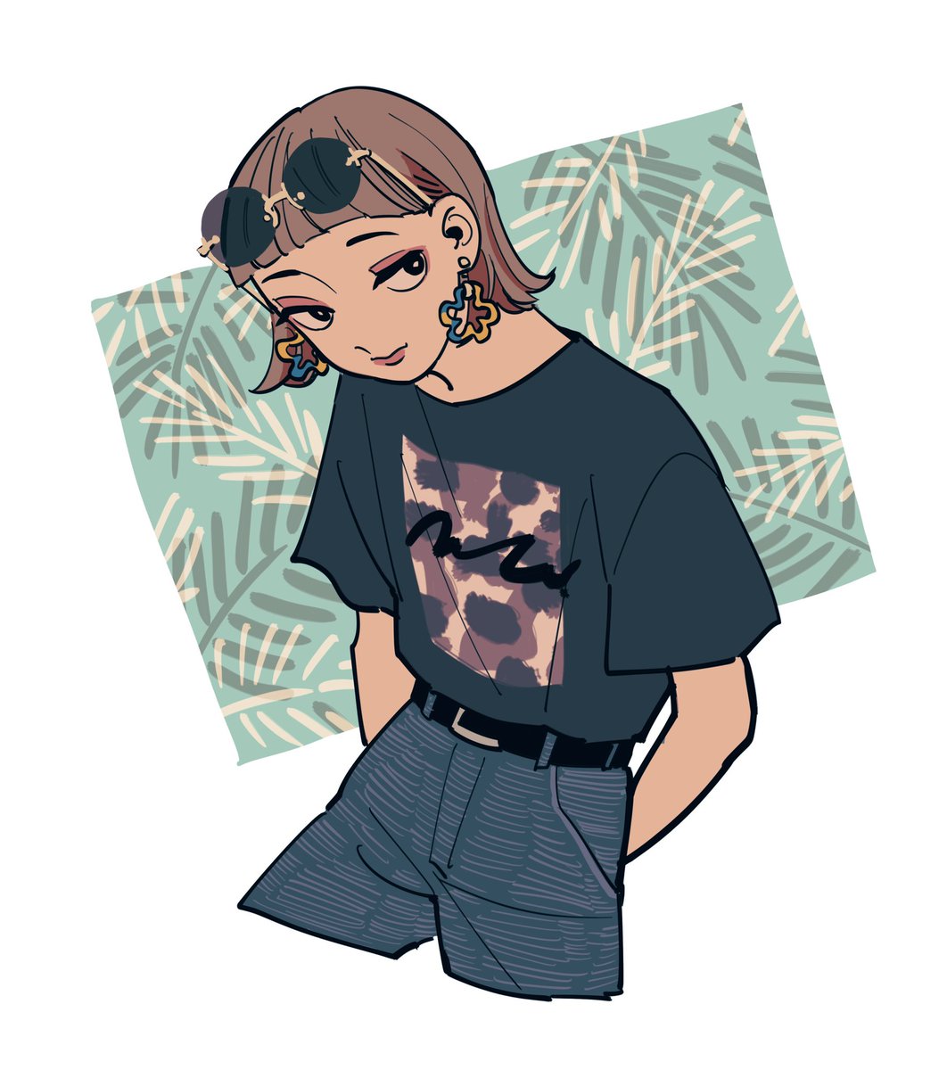 1girl solo shirt earrings jewelry pants brown hair  illustration images