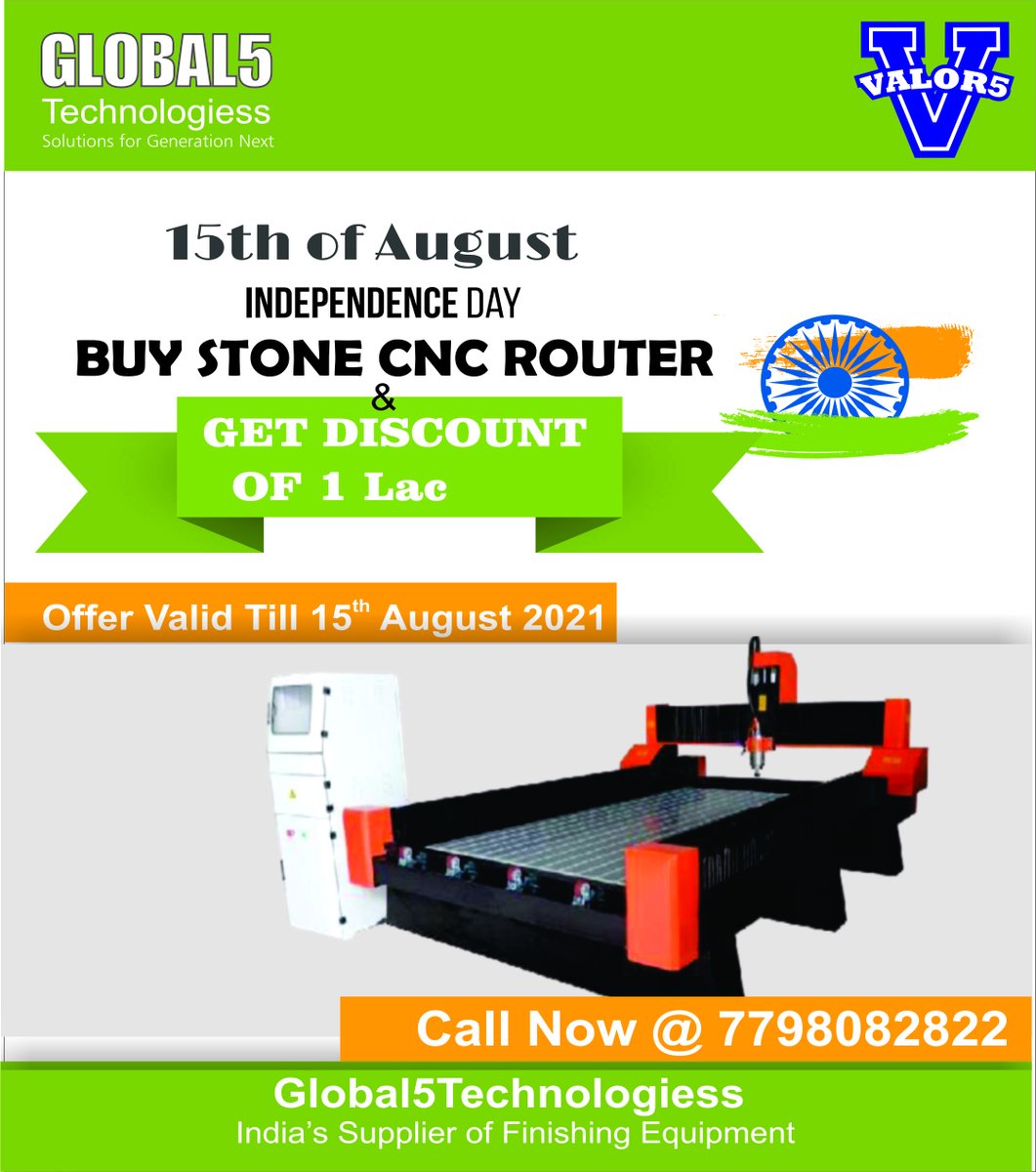 Global_5_Tech's tweet image. Buy Stone CNC Router and Get Discount of 1 Lac on this occasion of independence day. Offer valid till 15th August 2021. To know more Please call us on 7798082822.
#StoneCNCRouter #IndependenceDayOffer #SPECIALDISCOUNT #woodcarving #stonecarving