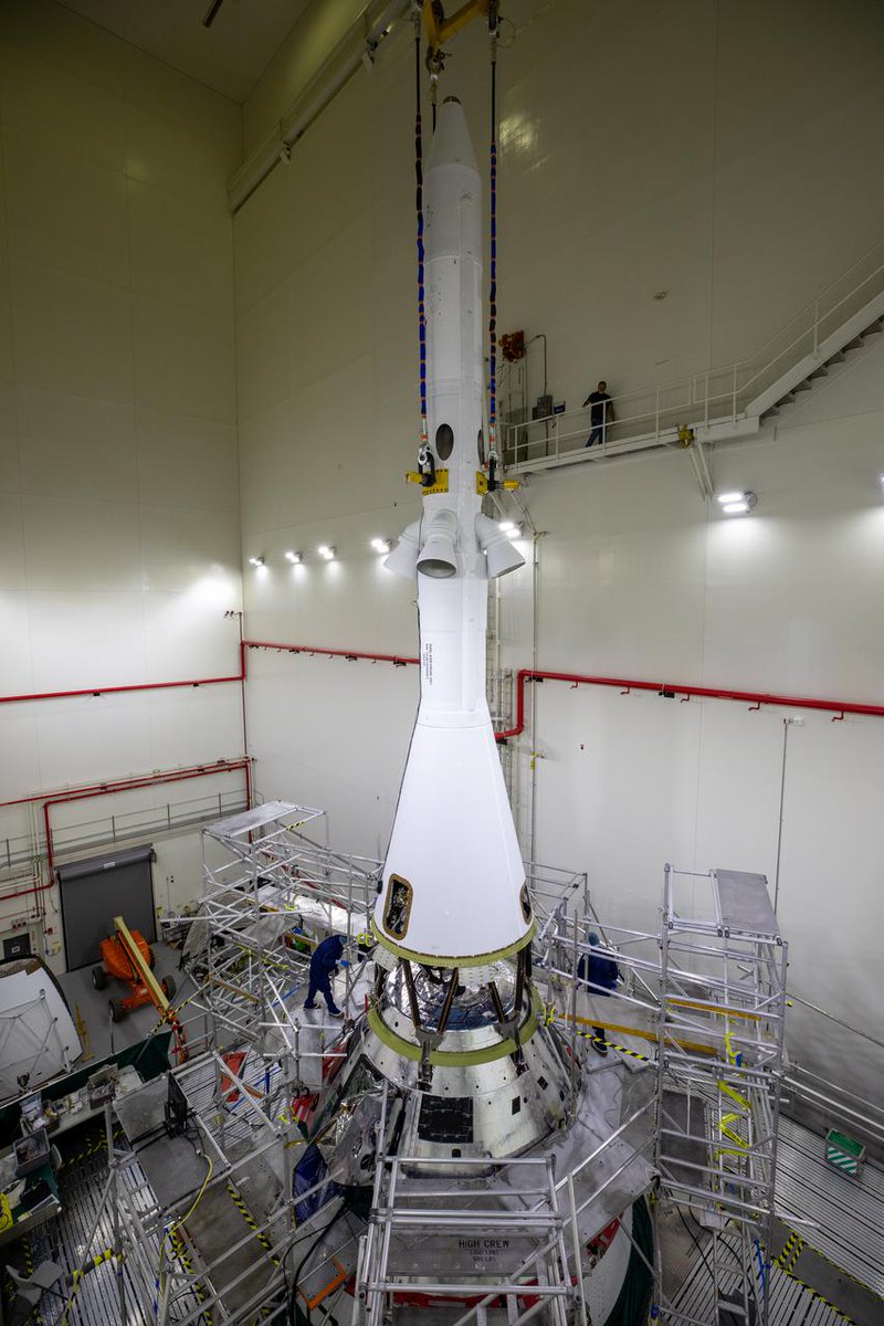 #countdowntoArtemis Another milestone from our team at @NASAKennedy! The tower of the Launch Abort System was attached to @NASA_Orion in the LAS Facility. It is designed to fire up in miliseconds to pull the crew module away from the SLS rocket in case of emergency during launch. https://t.co/lh6g0gKZ5M