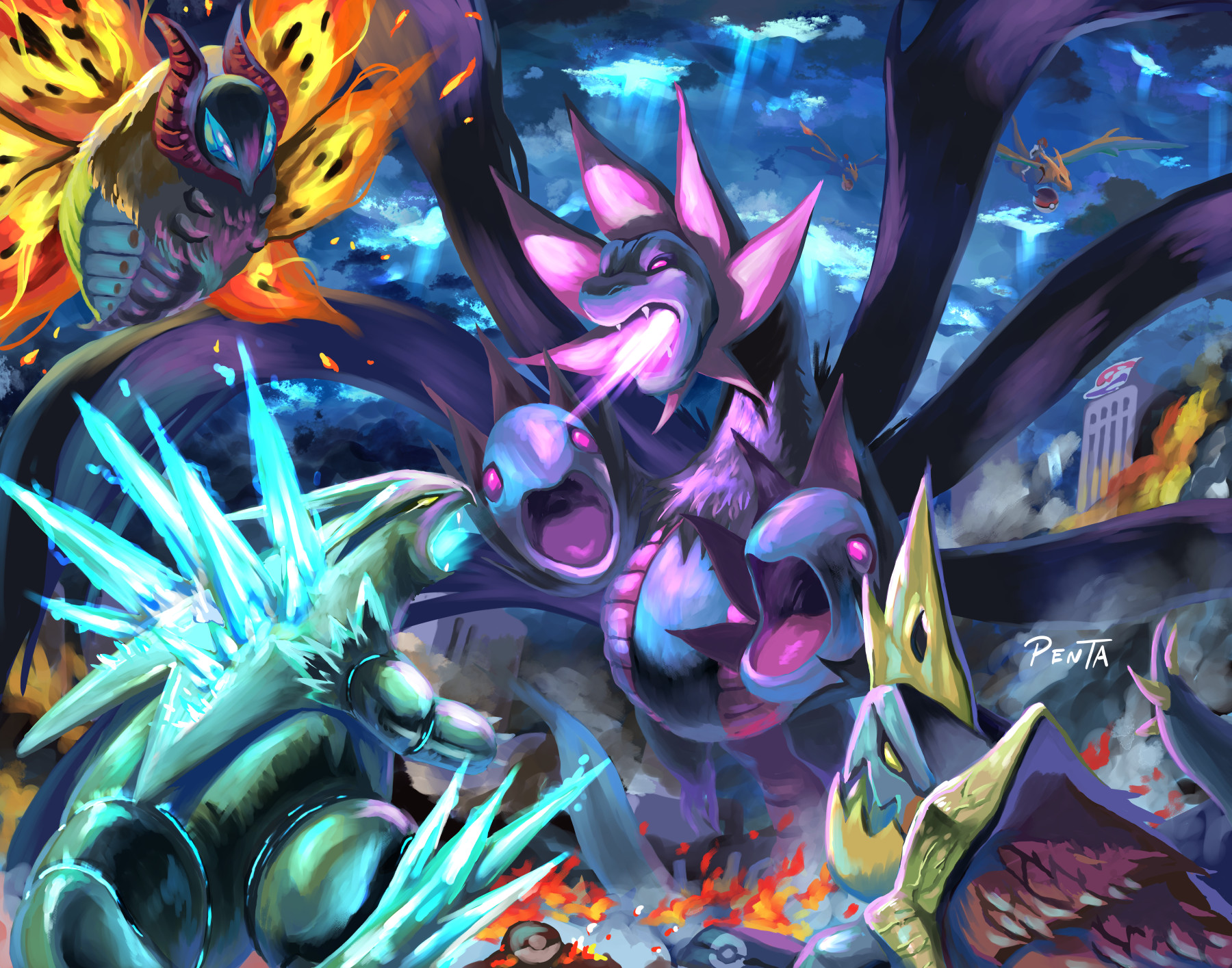 トンガリペン太 キング オブ ザ ポケットモンスターズ ポケモン版ゴジラみたいな怪獣バトル描きたくて 後ろのリザードンライダーはモンボ捕獲作戦中 サザンドラ やっぱりカッコいいデザインだなと ポケモン ポケモンイラスト T Co