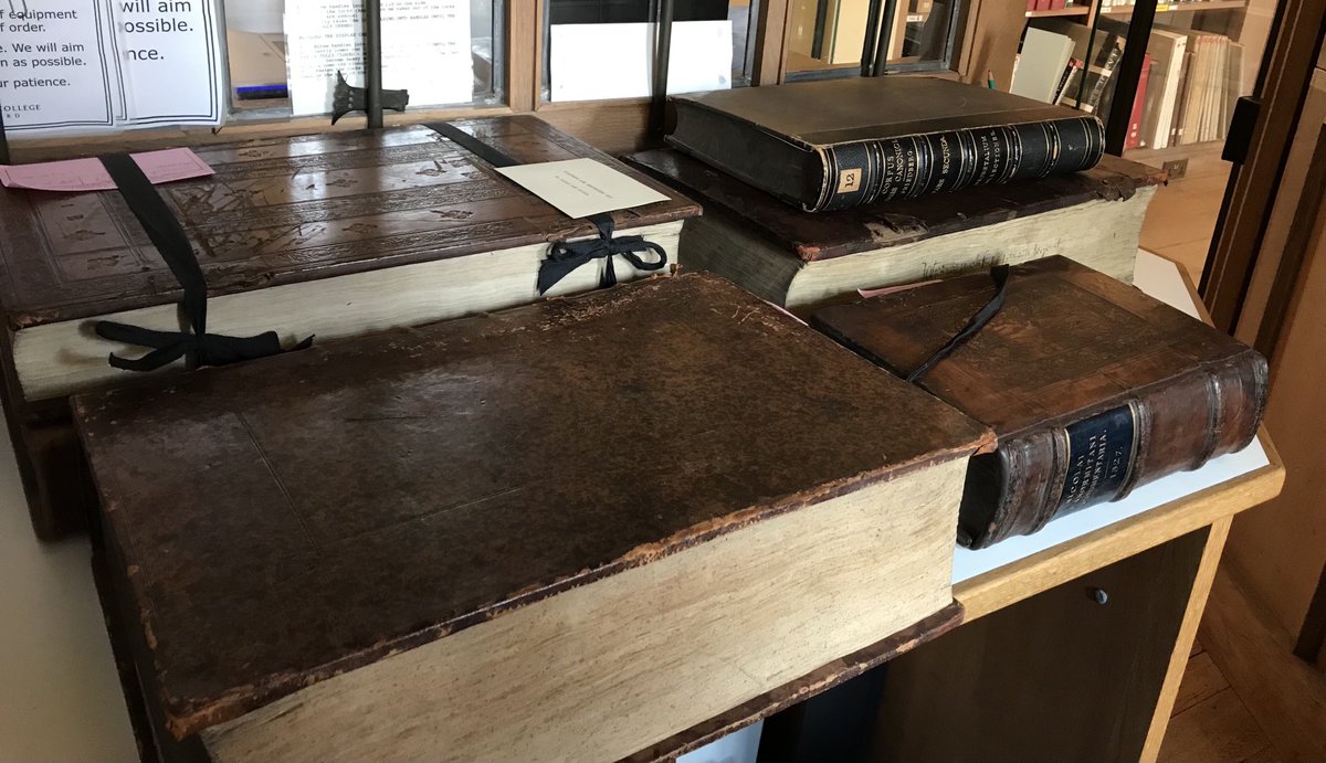 JuliaWalworth's tweet photo. Big ideas call for big books! 16c editions of canon law commentaries waiting their turn to go into the reading room ⁦@MertonCollege⁩ Library today. #Panormitanus ! https://t.co/e6eOE8MIDG