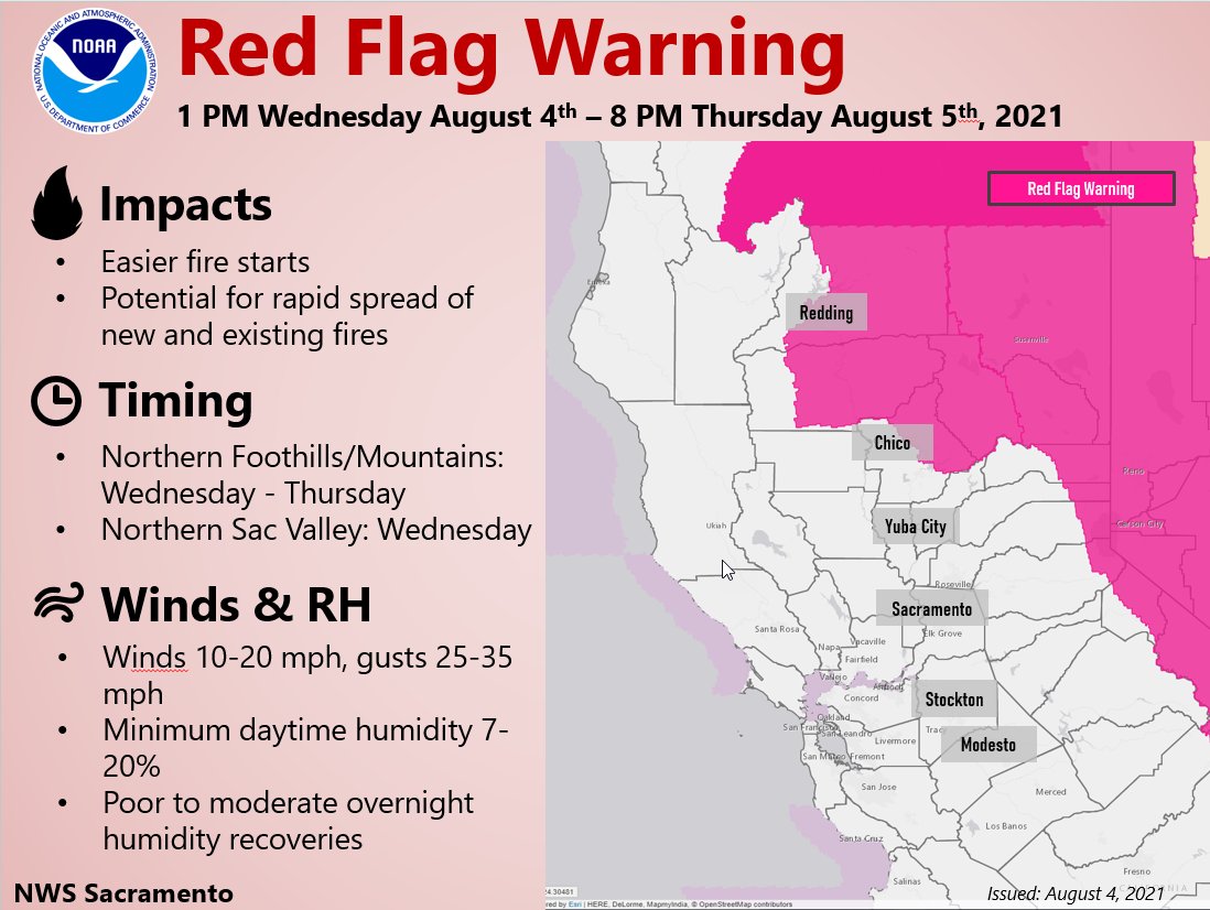 NWSSacramento's tweet photo. Breezy winds will develop today and continue into Thursday. These winds along with low humidity and extremely dry fuels will bring critical fire weather conditions and a Red Flag Warning is in effect for northern portions of the area. #CAwx https://t.co/9kxm4QUqlA