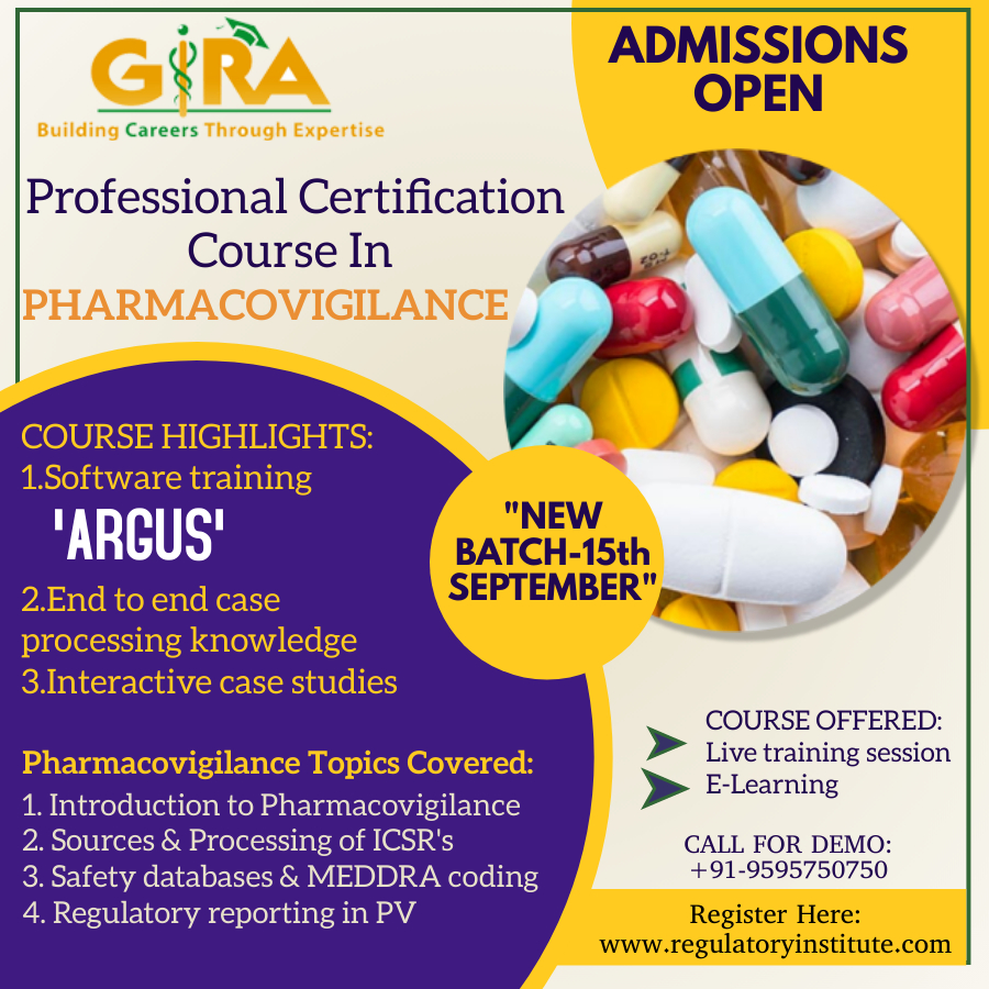 GiraInstitute's tweet image. Start Your Career in pharmacovigilance,
Time to move forward for a better and stable career.
Join job-oriented Pharmacovigilance Certification Program.
More info visit:bit.ly/3xvcJ2y
#Pharmacovigilancetraining
#pharmacycareer #pvcourse
#pharmaceuticalstudent
