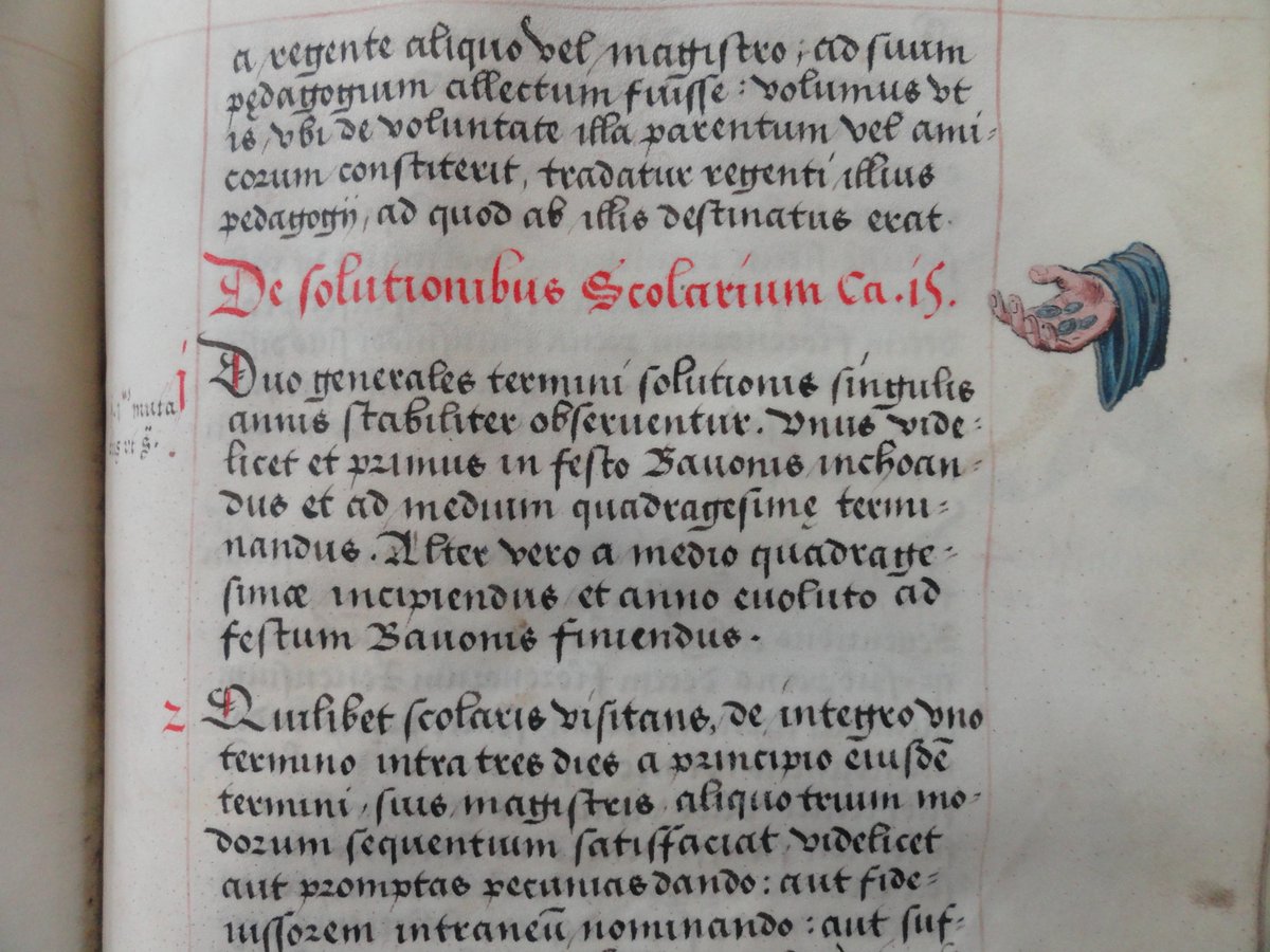 The 16th-c. statutes of the Arts Faculty at Leuven: students need to pay their fees on the feast of St Bavo and on mid-lent. The artist's impression leaves no doubt what it is about.