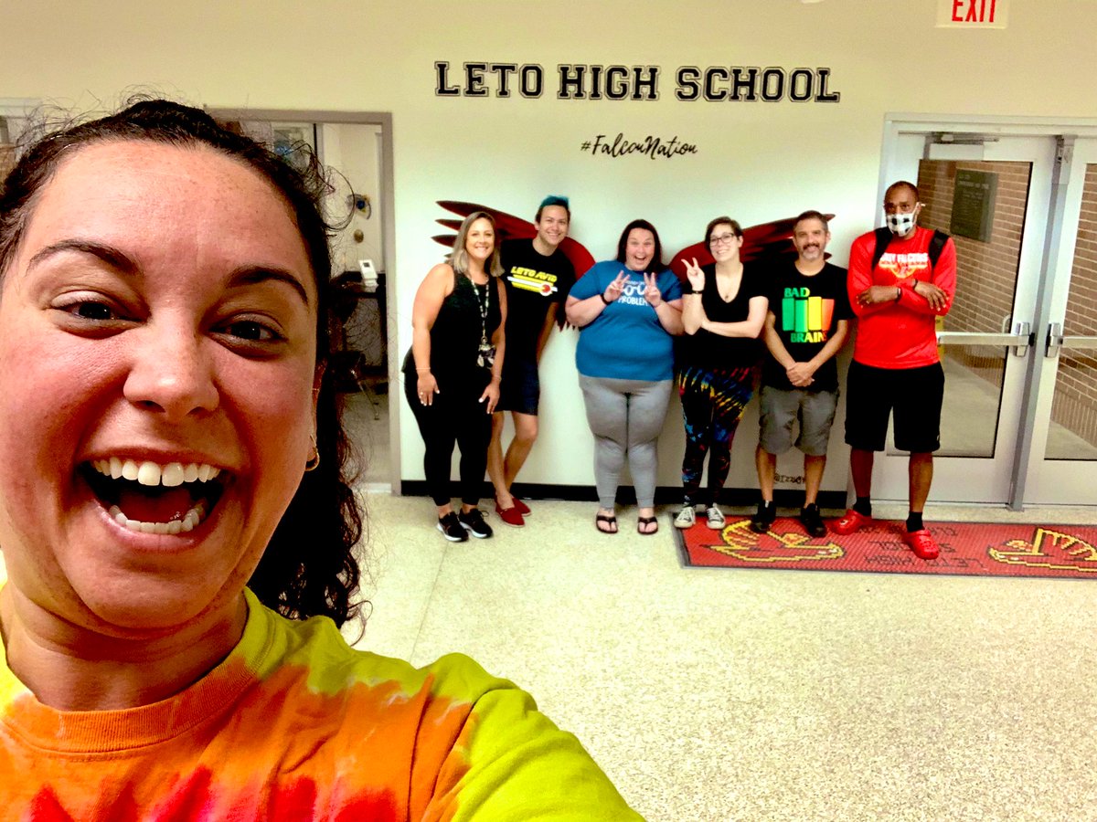 Comfort is a must as we travel along our way ✈️ The team is all here, plus a bonus team member 😉❤️💛 #team6 @LHSMcCoy <a href="/LetoHighSchool/">Leto High School</a>