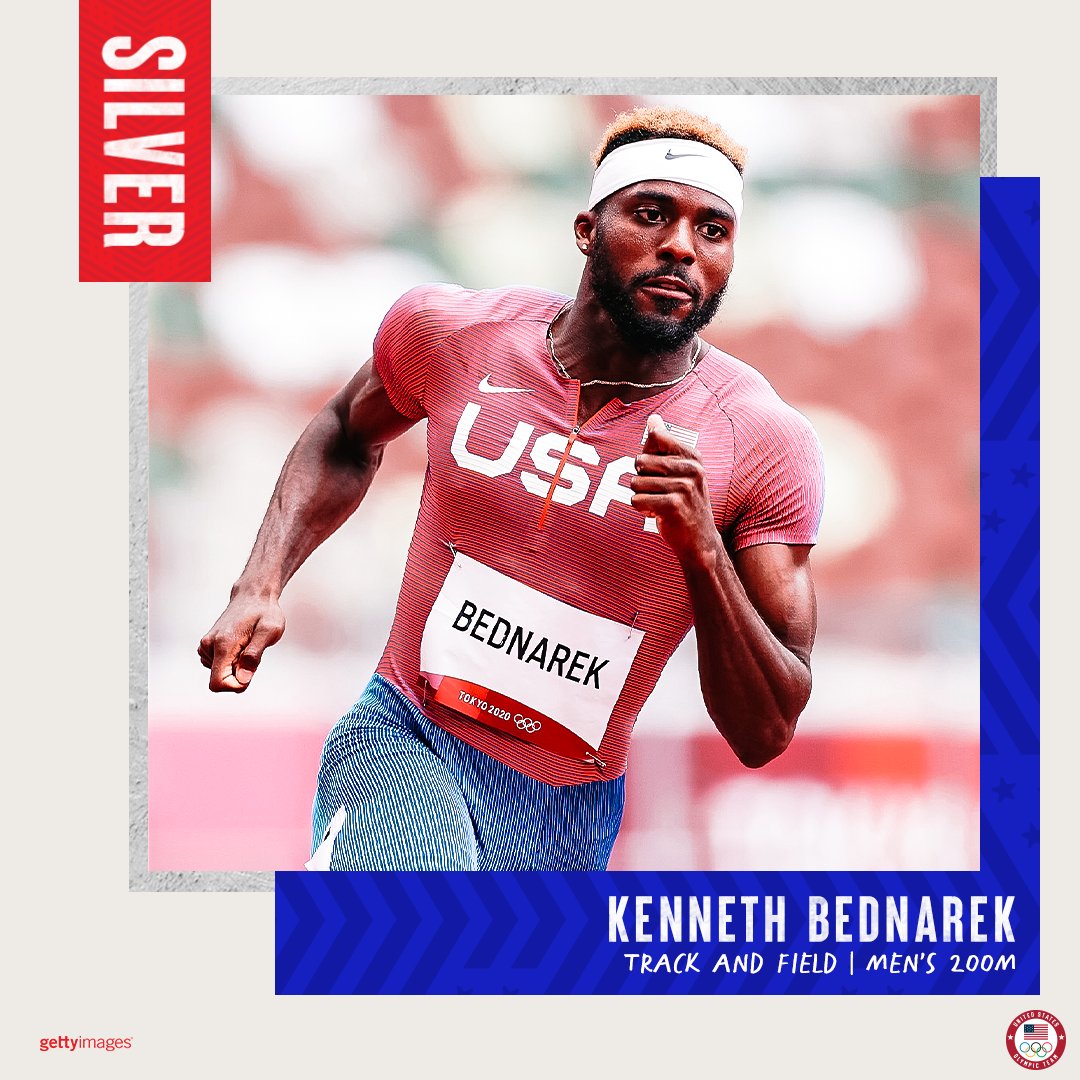 TeamUSA's tweet photo. KENNY CAME HOME QUICK! 

@KennyBednarek sprints to Olympic silver in the 200m. #TokyoOlympics https://t.co/8snba0Aq0i