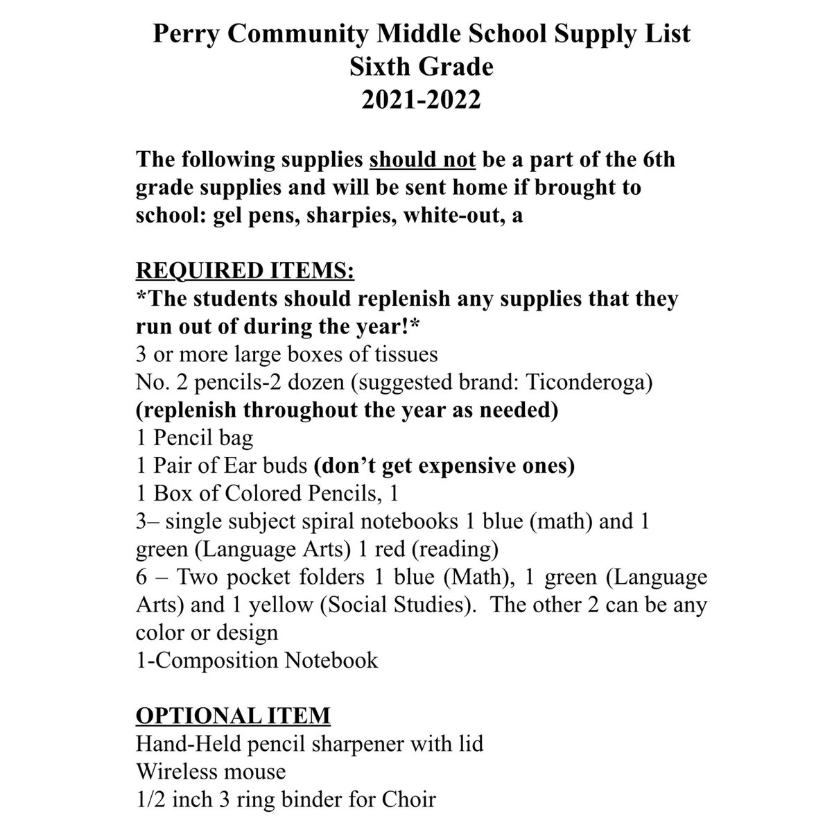 PerryMiddleSch's tweet image. 6-8th School Supply Lists and PE Expectations 🗒📘📚✏️🖍