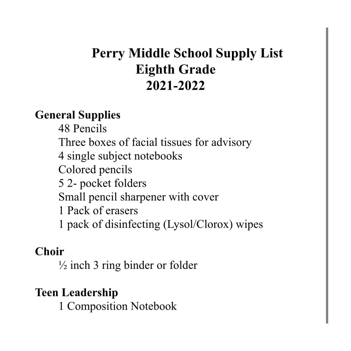 PerryMiddleSch's tweet image. 6-8th School Supply Lists and PE Expectations 🗒📘📚✏️🖍