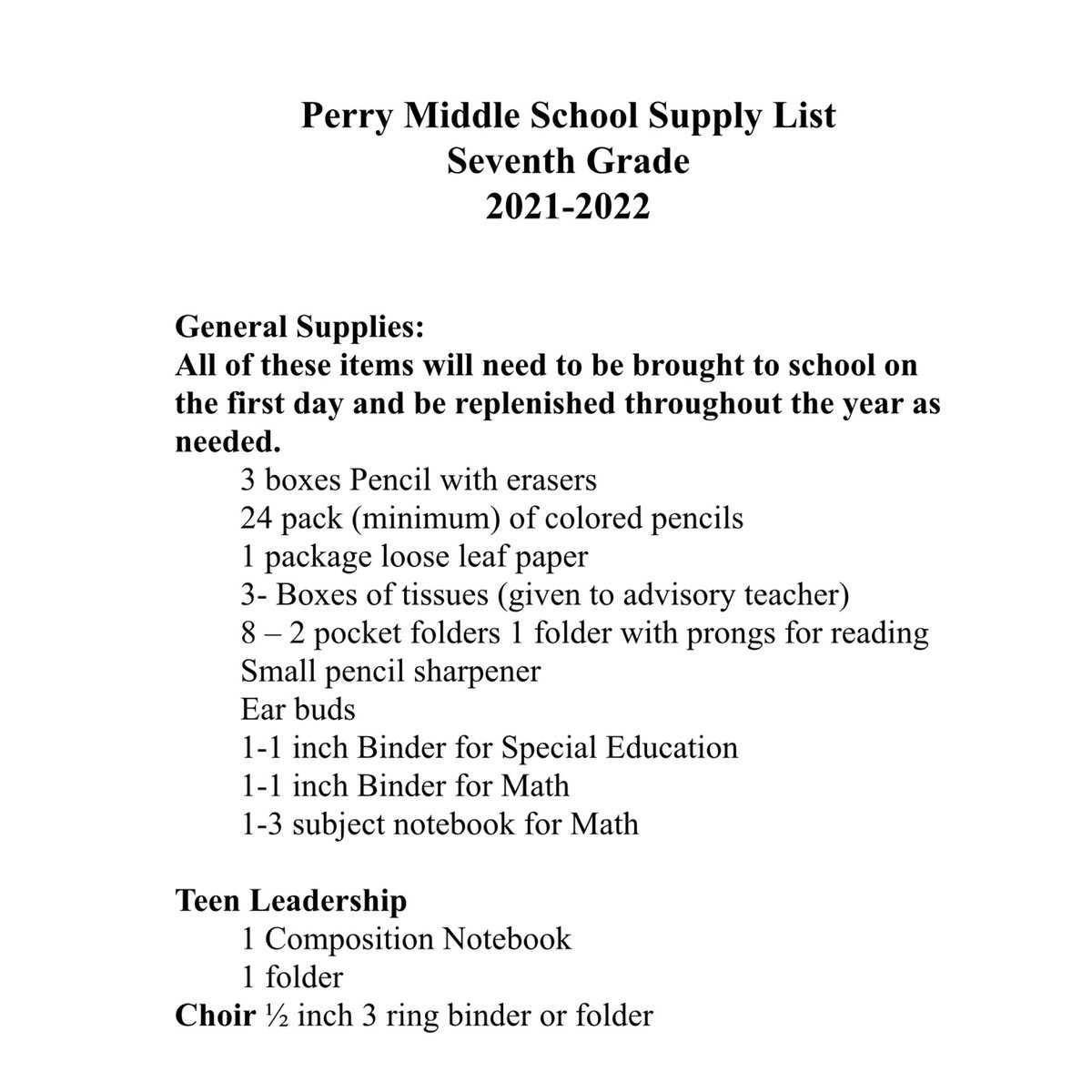 PerryMiddleSch's tweet image. 6-8th School Supply Lists and PE Expectations 🗒📘📚✏️🖍