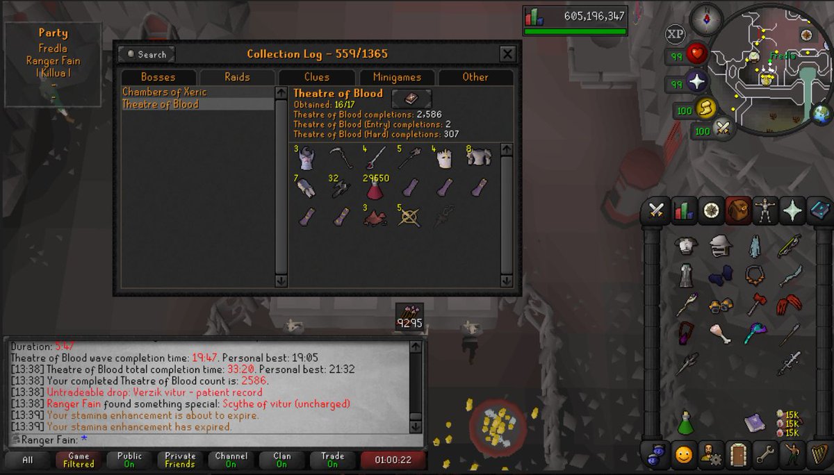 RangerFain's tweet photo. After 1.4k -1.5k hours and being the 2nd driest iron and the most unluckiest, I have finally achieved the Scythe of Vitur.

Total combined kc: 2893

Total Purples: 61 https://t.co/538Uddxar1