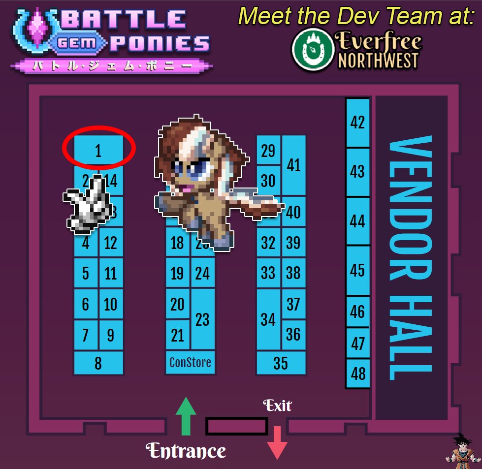 Catch us at Table #1 NEXT WEEK at @EverfreeNW! 
We'll have a BGP Demo Booth setup so you can come play the latest and greatest Kickstarter build! 🎮
#battlegemponies #EFNW2021 #vendorhall