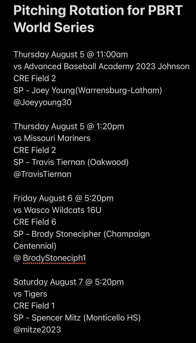 Pitching Rotation for PBRT World Series @CreeksideBase <a href="/ILBraves/">Illinois Braves</a> <a href="/braves2023/">IllinoisBraves2023</a>