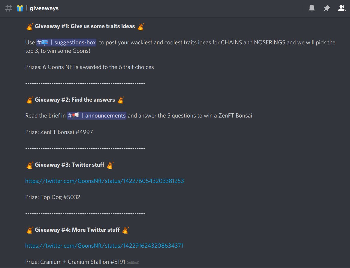 So 4 GIVEAWAYS now, join the Discord and make your pick!

-> Top Dog + Bonsai + 6 Goons and Cranium + Stallion

discord.gg/goonsnft

#TDBC #Bonsai #Goons #Cranium #WickedStallions #WickedCraniums #nft #nftart #nftcollector #NFTGiveaway #NFTdrop