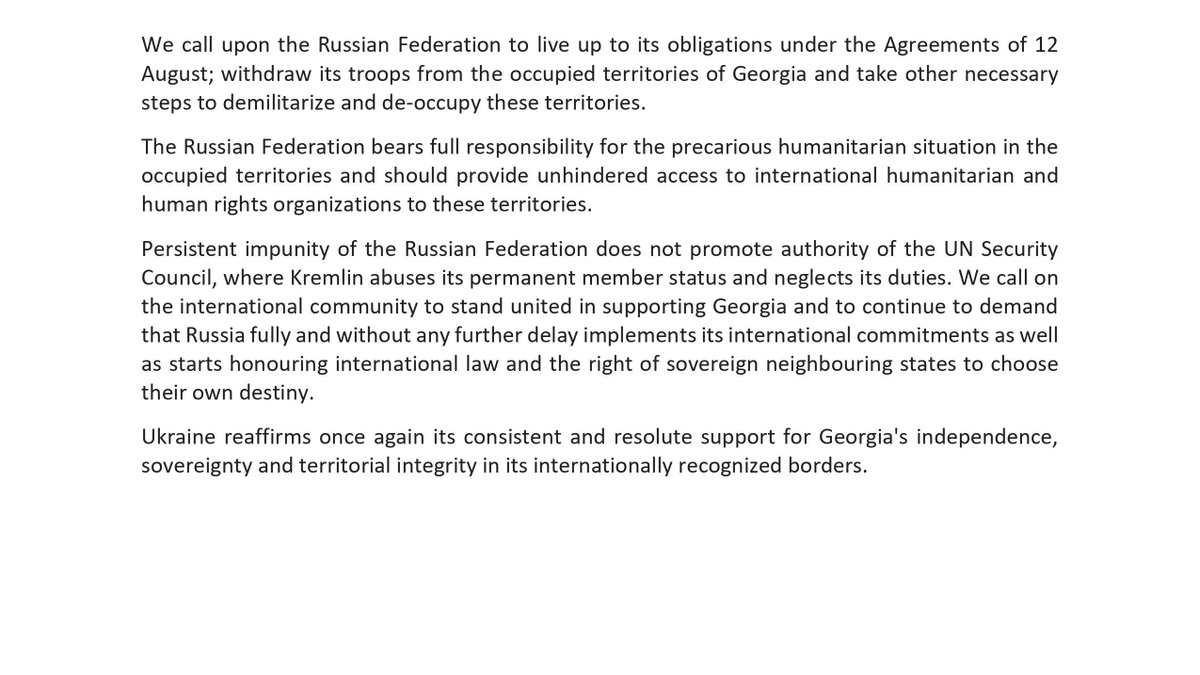 UA fully supports statement on the continued RU occupation of Georgia made earlier today on behalf of #UNSC members - 🇪🇪,🇫🇷,🇮🇪,🇳🇴,🇬🇧,🇺🇸, as well as 🇦🇱. Persistent impunity of Russia does not promote authority of UNSC where 🇷🇺 abuses its perm.member status &amp; neglects its duties