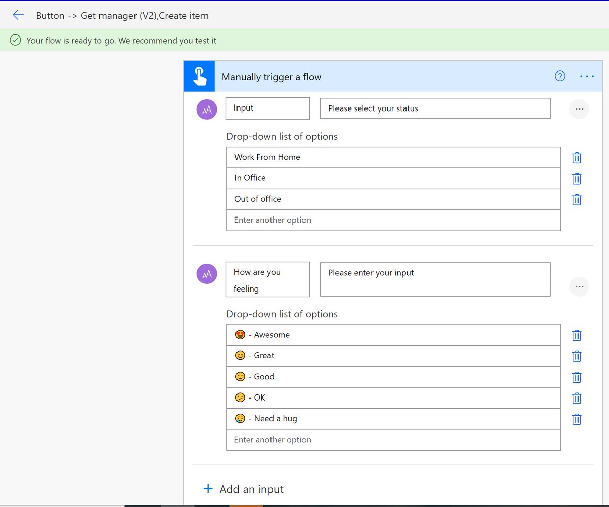 TheBebsMLC's tweet photo. Creating a button in @MSPowerAutomate for allowing employees to select: WFH, Office, Out of Facilities. #PowerCommunity #Powerthon #365Saturday #PowerPlatform #PowerApps #PowerBI #Automation #RPA #Azure #PowerAddicts https://t.co/LxoVbECz06