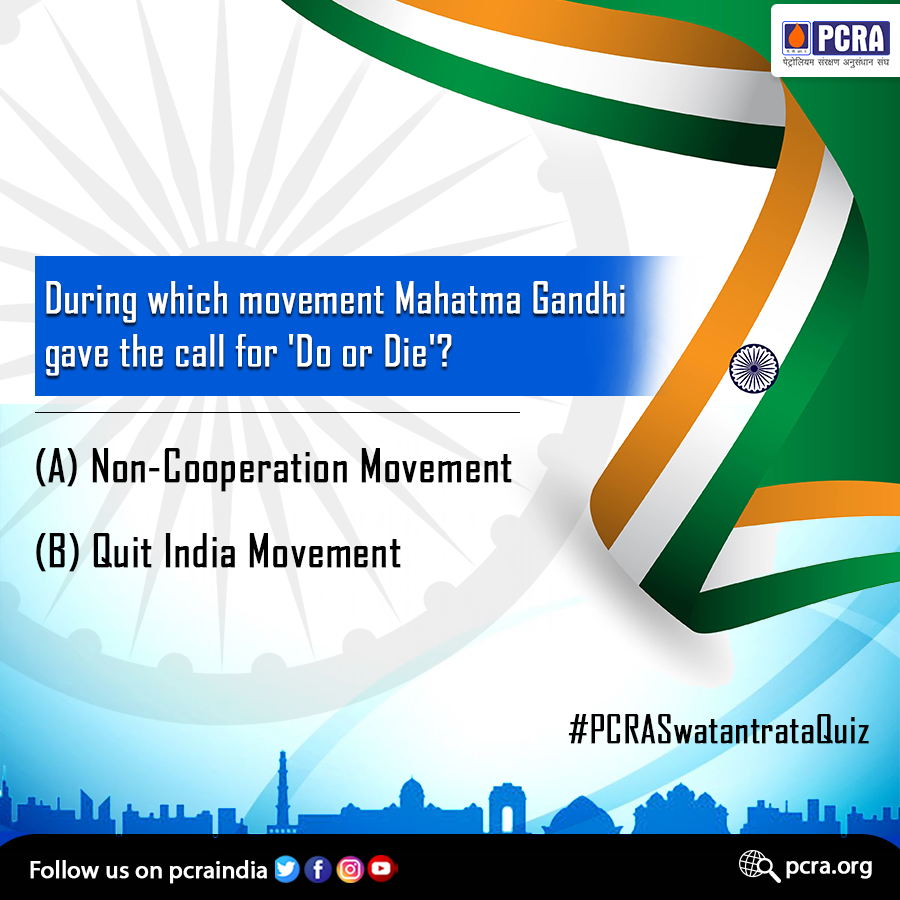 pcraindia's tweet photo. Let us know  the correct answer in the comment box and win exciting prizes.  
• Answer with option A or B between 8 am &amp; 12 
  midnight. 
• Remember to follow our page
• Mention #PCRASwatantrataQuiz 
• Tag your friends
#PCRA #ContestAlert 
T&amp;C: https://t.co/A3Jdgj9Mu3 https://t.co/tsa4uyaivI