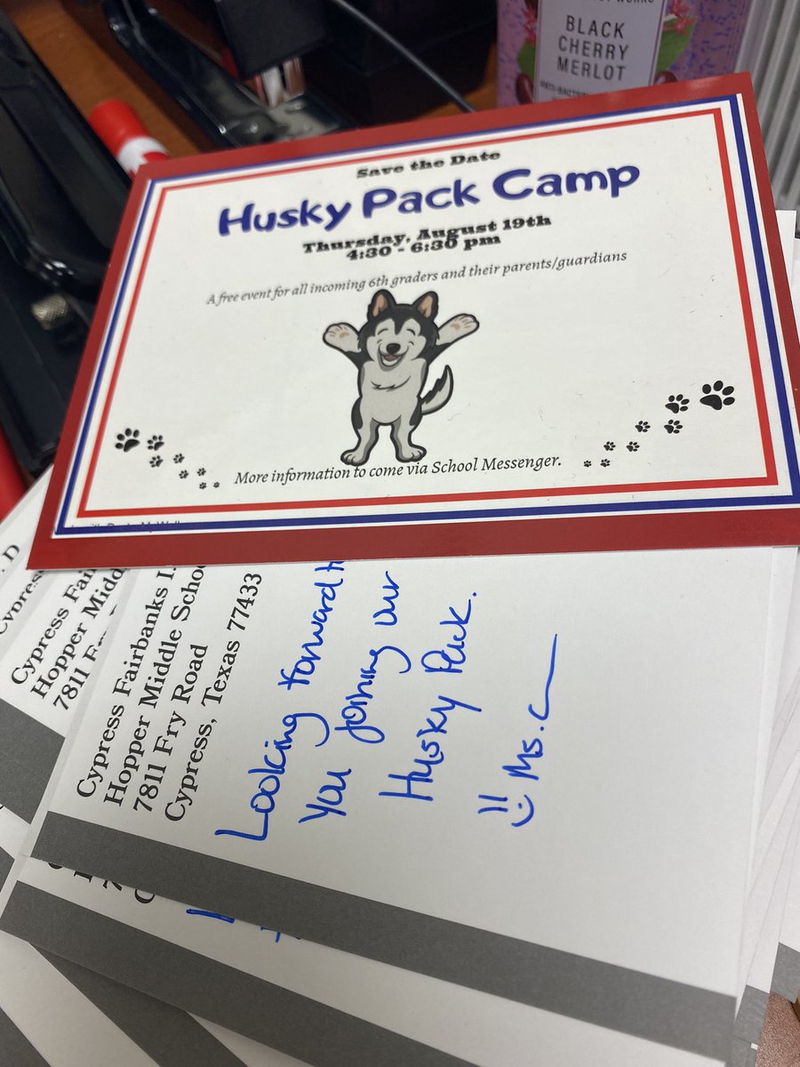 chasenhouston's tweet photo. Just finished personalizing every single postcard for my Hopper Pups for Husky Pack Camp!! I’ll do whatever it takes for my kiddos to know they are welcomed and loved already!! #HopperMS #checkyacorners #TEAM #OnaMission #bringingoutthebest #lifeofaMiddleSchoolAP https://t.co/UgZlgJ8LQA