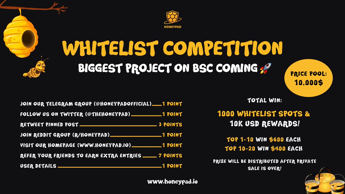 🐝🍯 Attention Queen Bees and King Bees! 🍯🐝

Are you ready to fly to a whole new level? The ultimate WHITELIST COMPETITION starts NOW !! Here you can find the direct link to participate: sweepwidget.com/view/29077-wrg…

Let's go bees! Good luck, see you on the moon!🔥 Buzz buzz🐝💨🚀