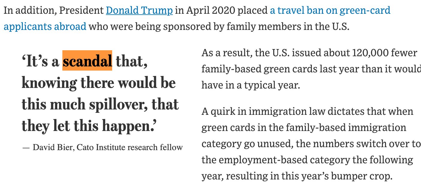 David Bier ⬆️ on Twitter: "The Wall Street Journal is using my quote as its  pull quote for @MHackman's excellent article on the expected green card  waste. I think the fact that