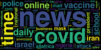 mymediacloud's tweet photo. Today's (Wednesday, 04 August 2021) word cloud built from the titles of 9561 news articles. #GDELT https://t.co/vRTIGbWp83