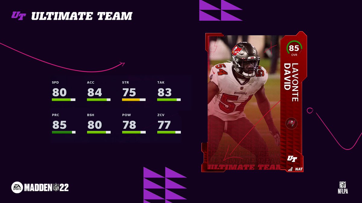 The other half of the best LB duo in the NFL, Lavonte David comes in at 85 OVR at launch for <a href="/EASPORTS_MUT/">Madden Ultimate Team</a>. We'll have another reveal tomorrow!