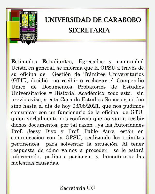 mccoam's tweet photo. Se pronuncia la Universidad de Carabobo #GTU no aceptará los historiales académicos por lo que somos nosotros los que no entendimos el mensaje del canal de GTU 

https://t.co/0FePUEFXkp https://t.co/FE7Lej4xk8