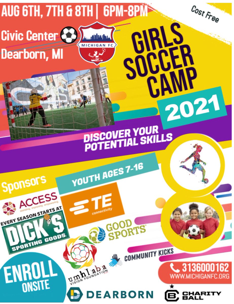 MichiganFc's tweet photo. Join us ⚽️🏃‍♀️ girls soccer camp, #MichiganFC along with great community sponsors are giving back to our community and girls to empower and support tomorrows leaders both on and off the field ⚽️👍⚽️ https://t.co/JLjaDNFVeK