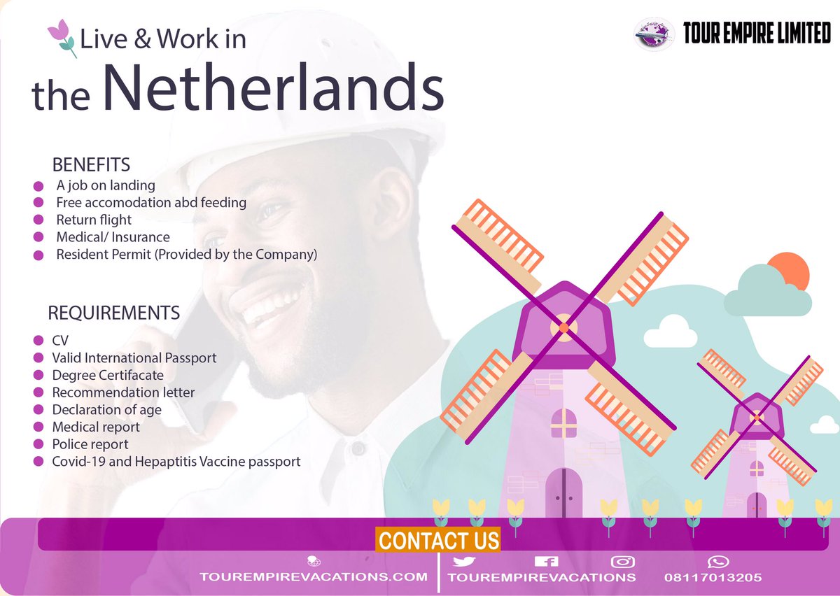 TourEmpireLtd's tweet photo. Thinking of relocating to the Netherlands? This is for you.
Registration for our "Live & work in the Netherlands" package is on.
Interested candidates send us a DM to learn how you can be part of our priority list.
#workinthenetherlands #jobsinnetherlands #visa #workpermi https://t.co/jJuKJu2HU8