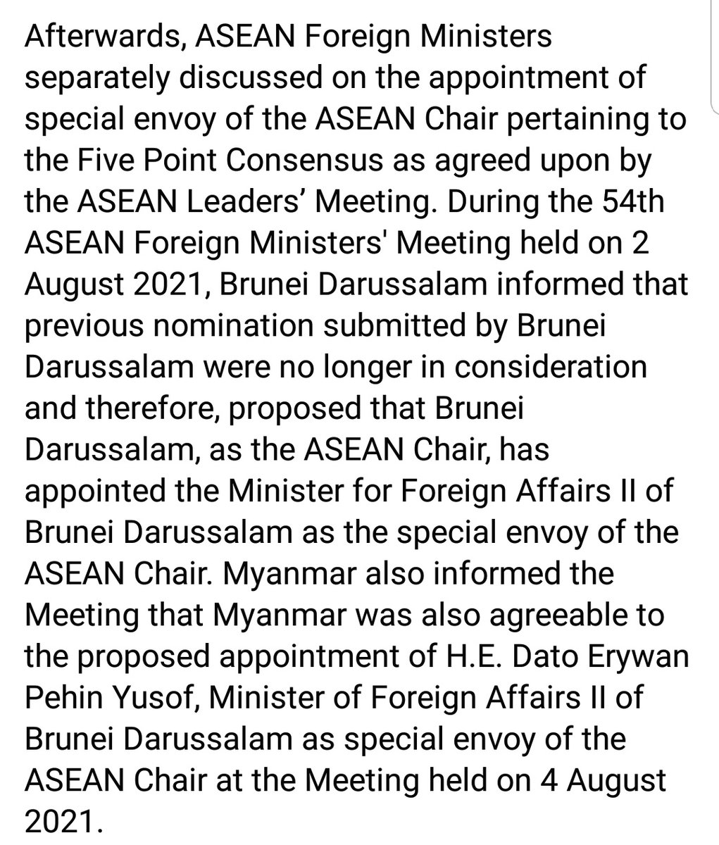 MayWongST's tweet photo. #Myanmar #military's foreign affairs issues statement only to say it was "agreeable" to #Brunei minister as #ASEAN special envoy to Myanmar without any details like when envoy &amp; team can set foot in country, where they can visit, what immediate actions #WhatsHappeningInMyanmar https://t.co/sQNj4bfrwv