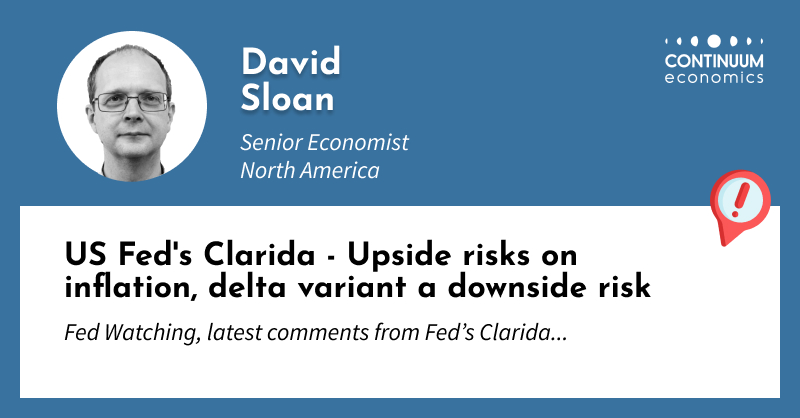ContinuumDaily's tweet image. US Fed's Clarida - Upside risks on inflation, delta variant a downside risk. David Sloan, Senior Economist, North America on FedWatch, latest comments...
bit.ly/3xt0uCl  FreeTrial: bit.ly/3yu9tEQ #trading #centralbanks #USyield $DXY #USFed #CPI #inflation #covid
