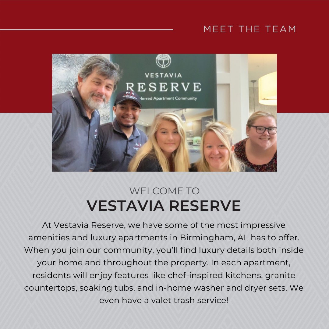 Meet August’s Property of the Month! <a href="/vestaviareserve/">Vestavia Reserve Apt</a> swipe to learn more about the property and meet the team! #propertyofthemonth #august #2021