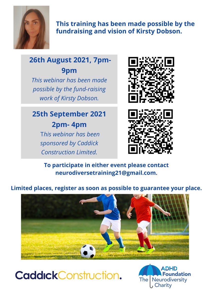 Supporting Children and Young People with ADHD and Autism in Football ⚽️

We are offering a FREE webinar for football coaches, referees, clubs and academies across West Yorkshire.

Book via GoTo:

26th August 👉 attendee.gotowebinar.com/register/48289…
25th September 👉 attendee.gotowebinar.com/register/28397…