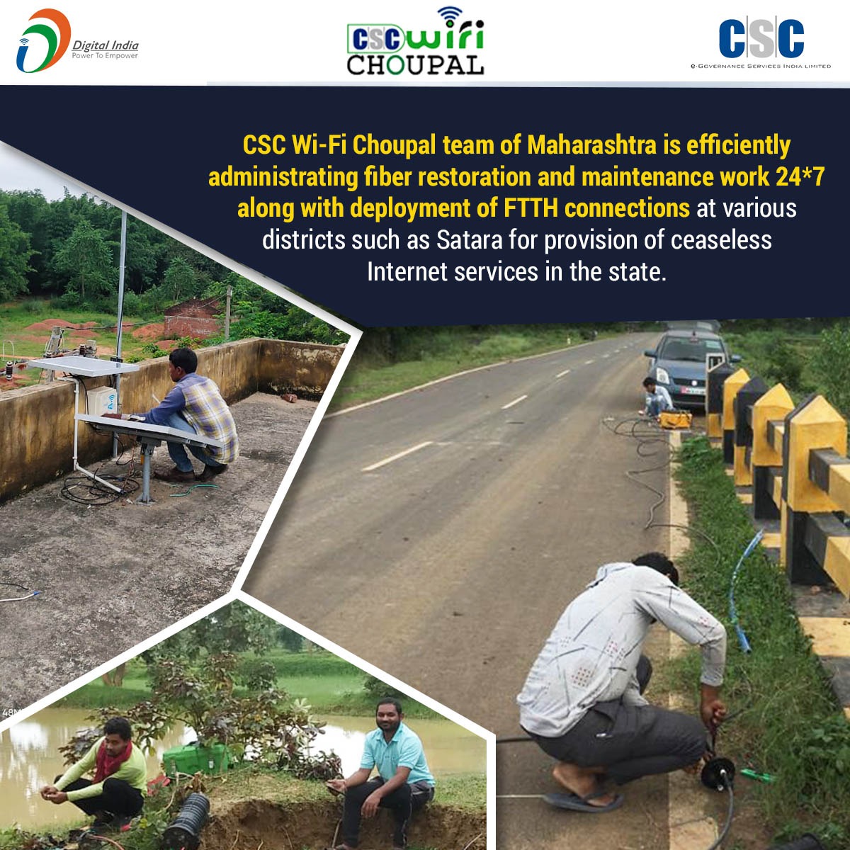 CSCegov_'s tweet image. The #CSCWiFiChoupal team of #Maharashtra is efficiently administrating fiber restoration &amp;amp; maintenance work 24*7 along with deployment of FTTH connections at various districts for the provision of ceaseless Internet services in the state.

#GharTakFiber #CSCseGramSwaraj #CSC