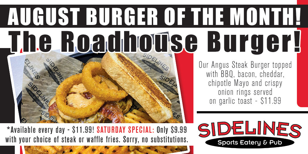 SidelinesToledo's tweet photo. **BURGER OF THE MONTH** 🍔

Our delicious ROADHOUSE Burger!!

Get it while you can. Only available in August.

#SidelinesSportsEatery #SidelinesToledo #EatAtSidelines #BurgerOfTheMonth #RoadhouseBurger #OnlyAvailableInAugust #SaturdaySpecial #Burgers https://t.co/vnHQoZwK7o