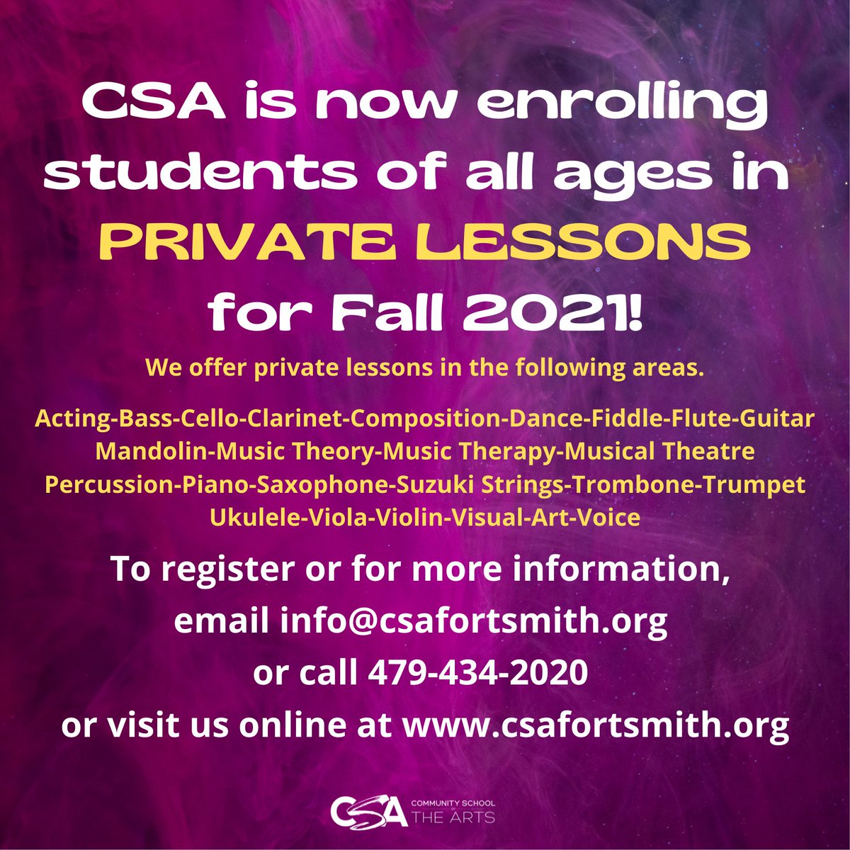 CSA is now enrolling students of all ages and abilities in Private Lessons for our Fall 2021 semester!
csafortsmith.org/private-lessons